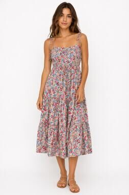 Stellah NYD Tie Shoulder Floral Cotton Tiered Maxi Dress L Boho NWT